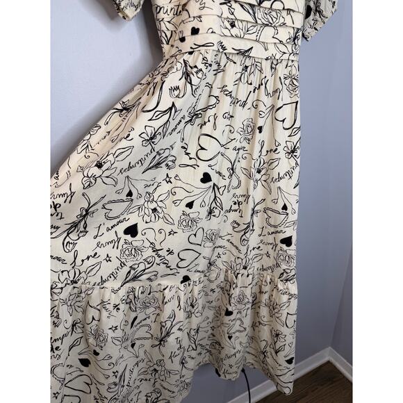 Japna Square Neck Puff Sleeve Midi Dress Black Cream Floral Women's M - Picture 5 of 15